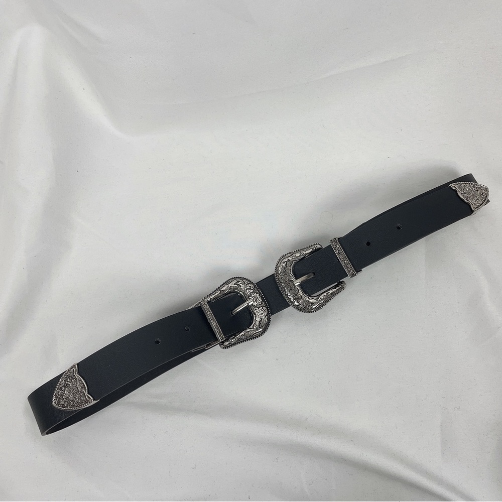 Double-Buckle Western Belts for Women, Vintage Design faux Leather Rhinestone